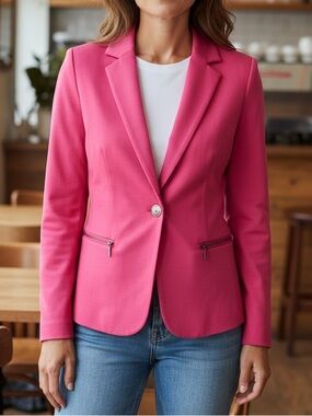 Jones Studio Women's Pink Stretch Blazer Size Zippers One Button Closure Sz M